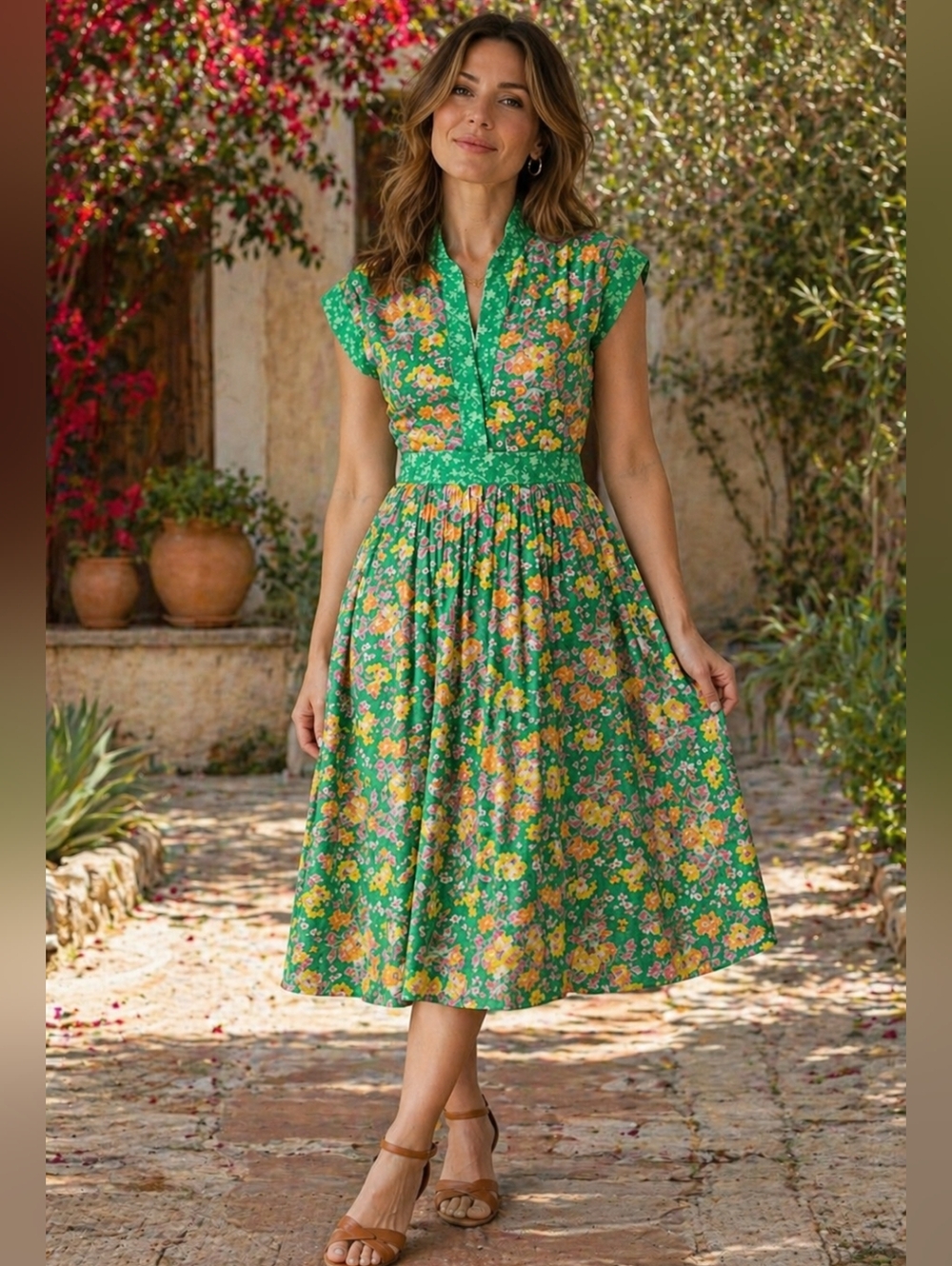 Vintage Jane Schaffhausen for Belle France Green Floral Tea Dress Cottagecore S